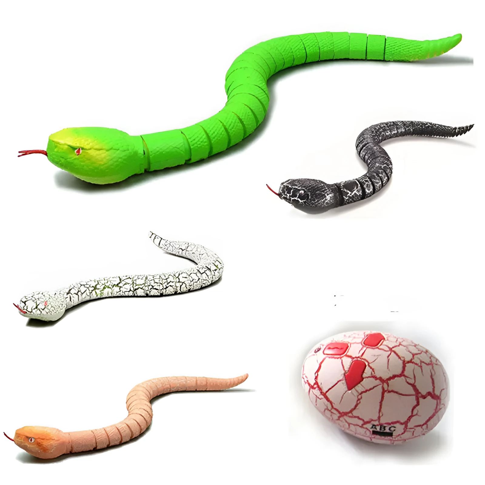Black and grey cobra remote control snake toy with USB charging cable and batteries