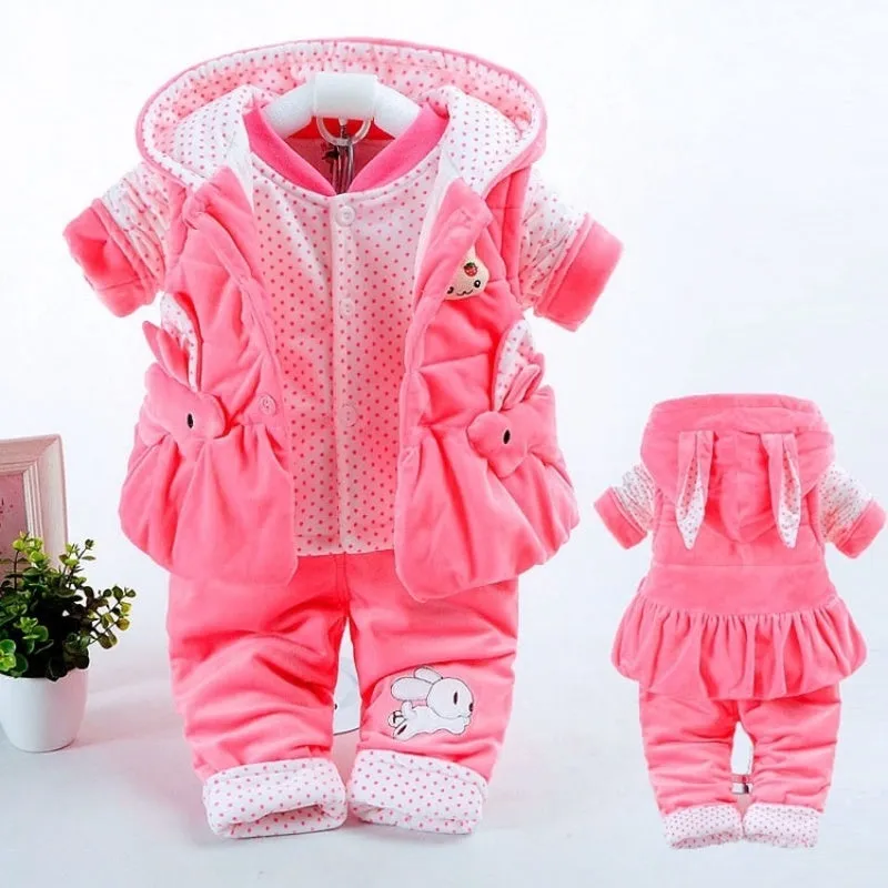 Baby girls pink autumn winter three-piece clothing set with jacket, pants, and vest