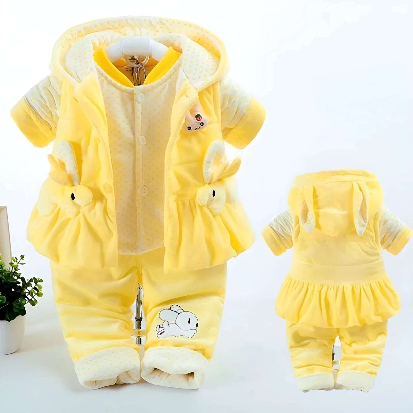 Baby girls pink autumn winter three-piece clothing set with jacket, pants, and vest