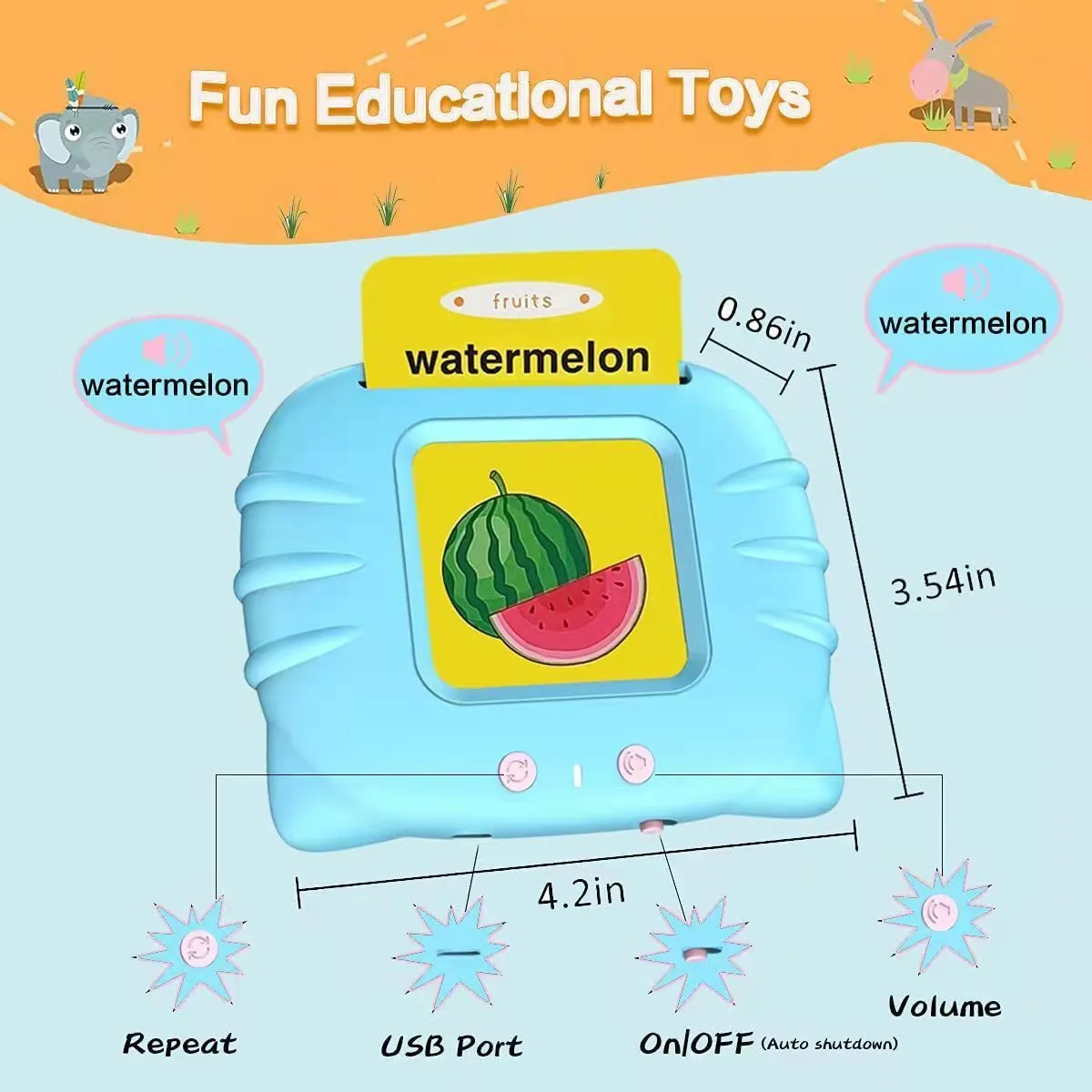 Children's English learning card with audio books showing blue colour option and card insertion