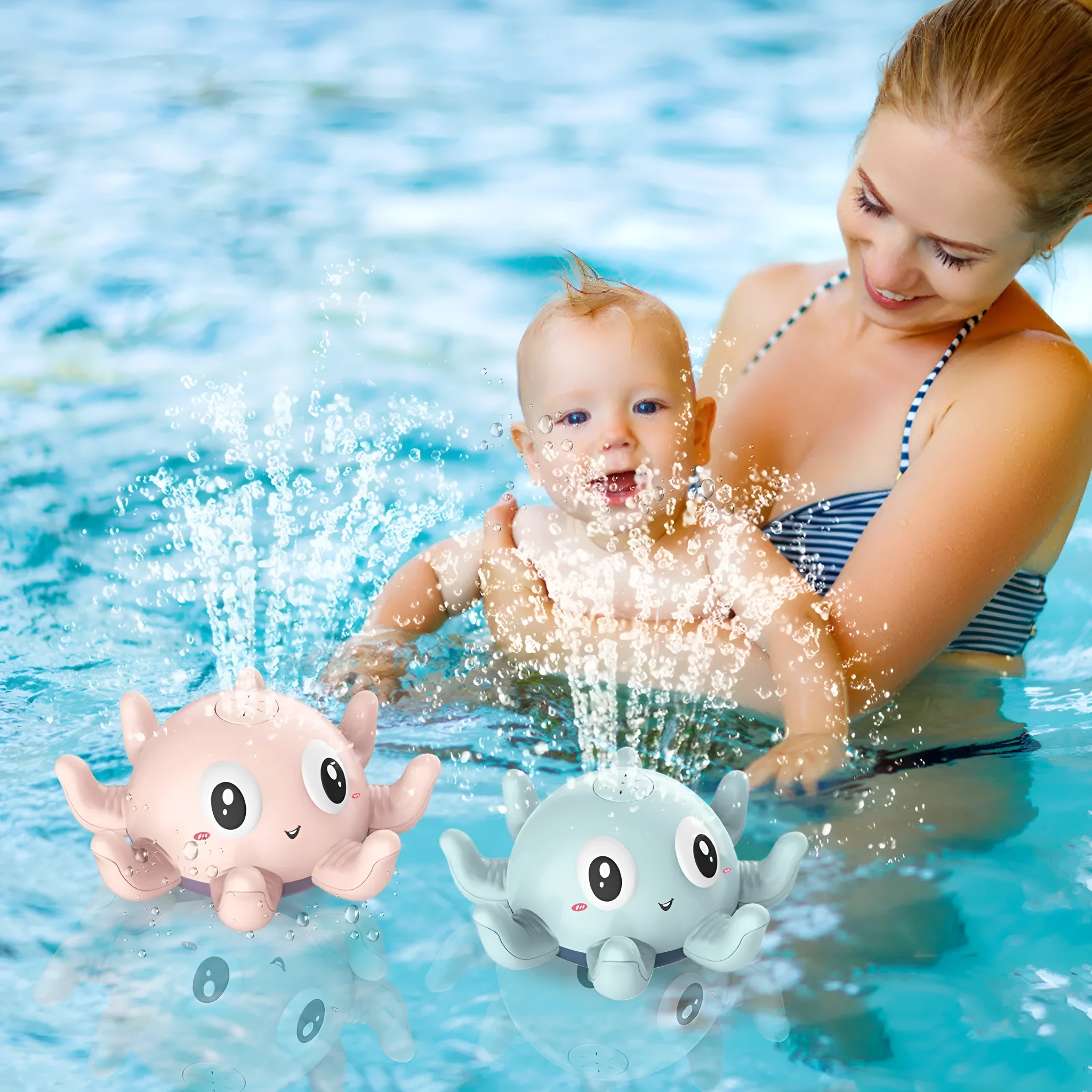 Blue automatic water spray bath toy with flashing lights for children's bath time