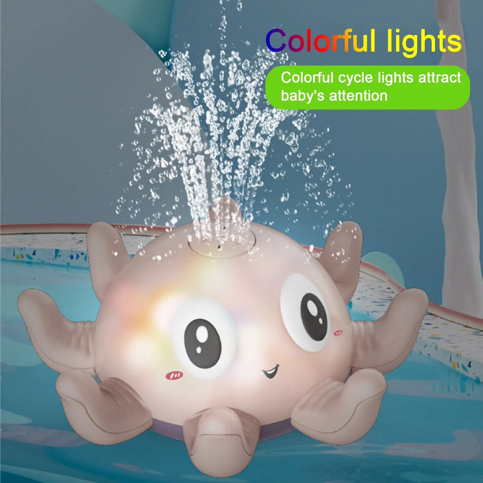 Blue automatic water spray bath toy with flashing lights for children's bath time