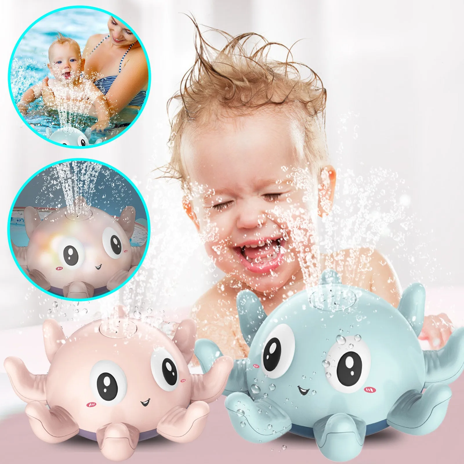 Blue automatic water spray bath toy with flashing lights for children's bath time