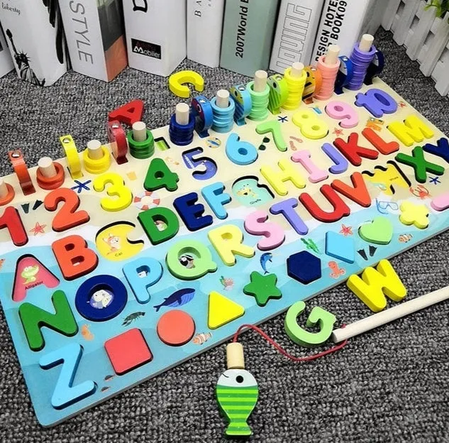 Wooden 3D alphabet and number puzzle board with geometric pieces for toddlers' educational play