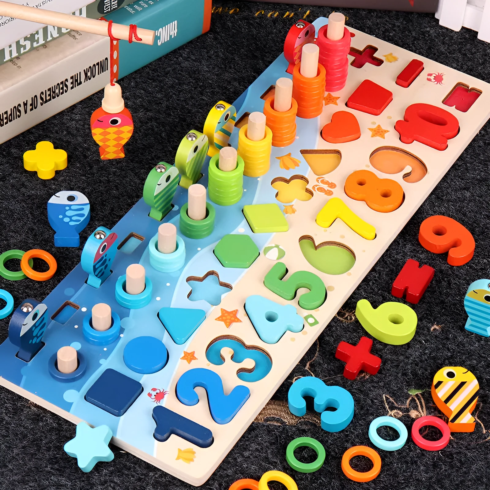 Wooden 3D alphabet and number puzzle board with geometric pieces for toddlers' educational play