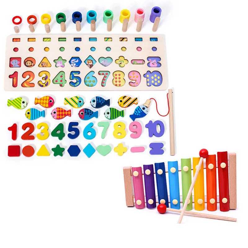 Wooden 3D alphabet and number puzzle board with geometric pieces for toddlers' educational play