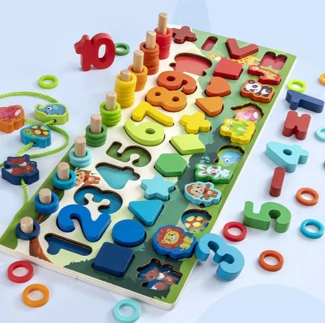 Wooden 3D alphabet and number puzzle board with geometric pieces for toddlers' educational play