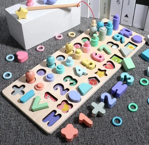 Wooden 3D alphabet and number puzzle board with geometric pieces for toddlers' educational play