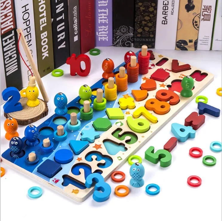 Wooden 3D alphabet and number puzzle board with geometric pieces for toddlers' educational play