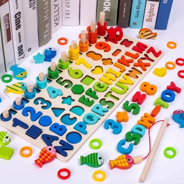 Wooden 3D alphabet and number puzzle board with geometric pieces for toddlers' educational play