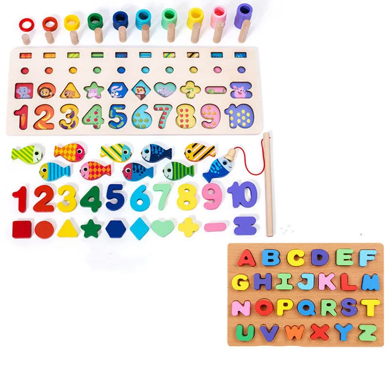 Wooden 3D alphabet and number puzzle board with geometric pieces for toddlers' educational play