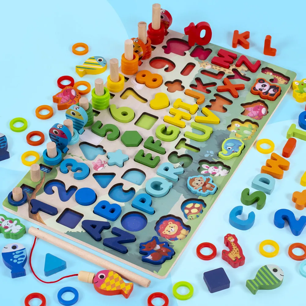Wooden 3D alphabet and number puzzle board with geometric pieces for toddlers' educational play