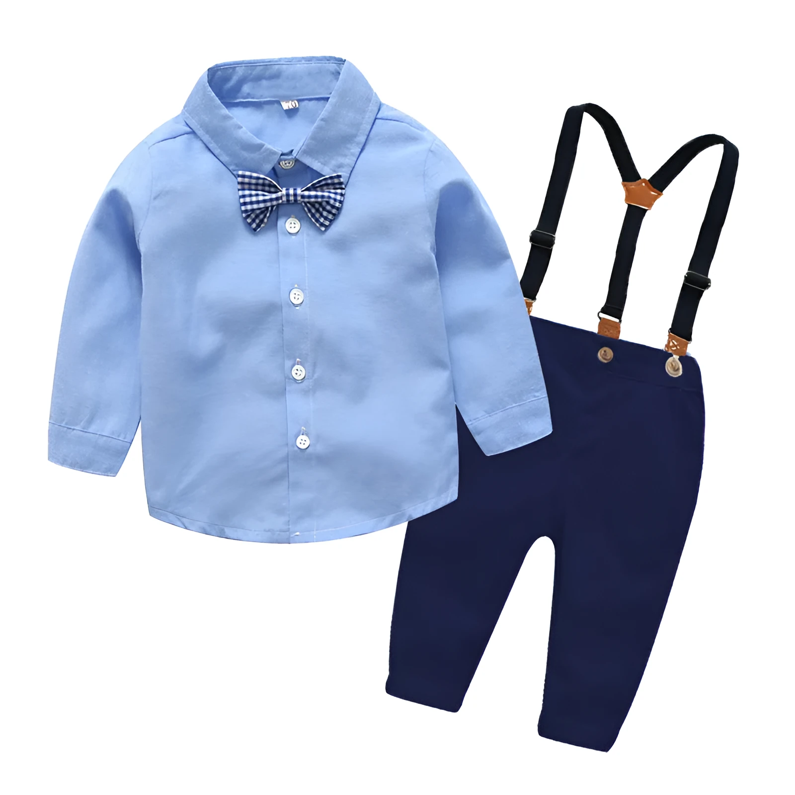Boys blue Korean-style formal pants suit with long sleeves and a bow tie.