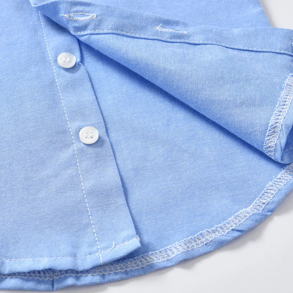 Boys blue Korean-style formal pants suit with long sleeves and a bow tie.