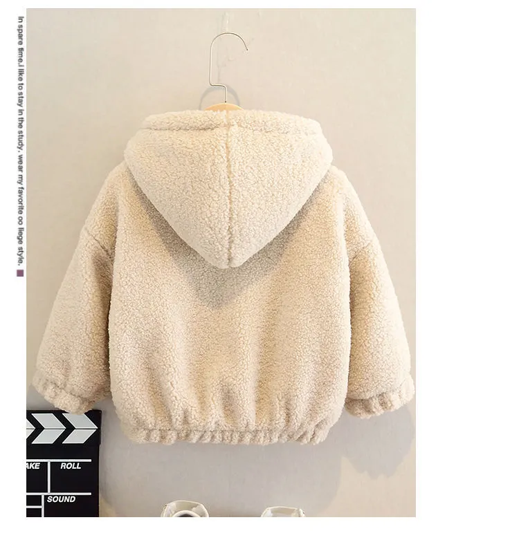Children's beige fleece jacket with hood featuring cartoon print and long sleeves