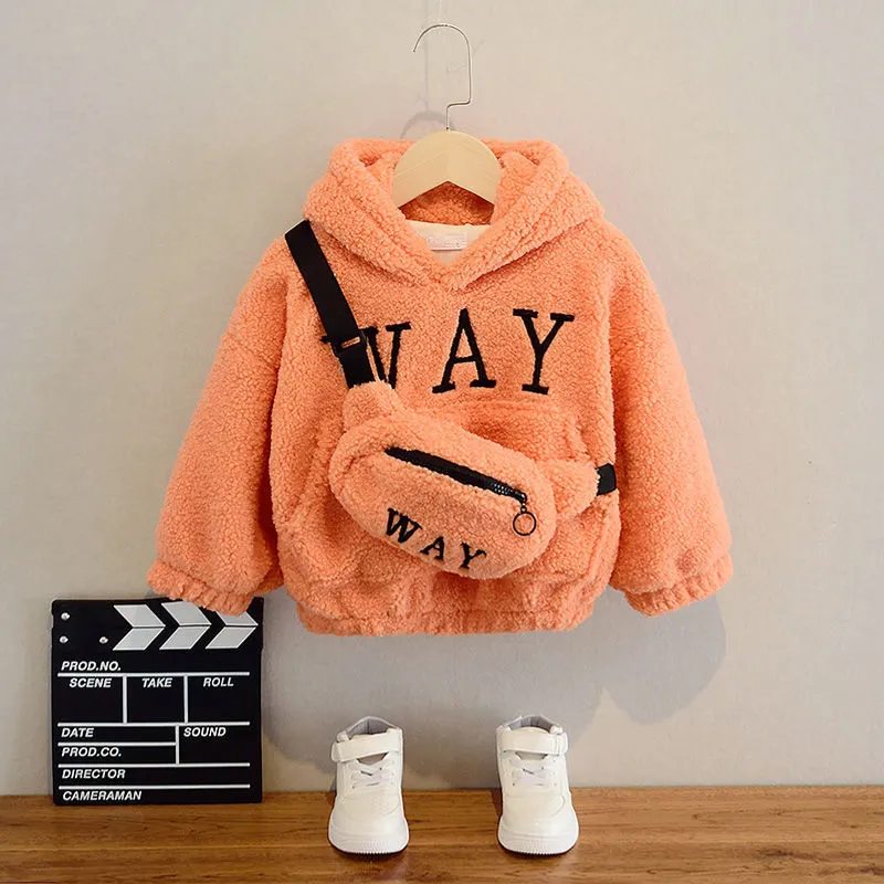 Children's beige fleece jacket with hood featuring cartoon print and long sleeves