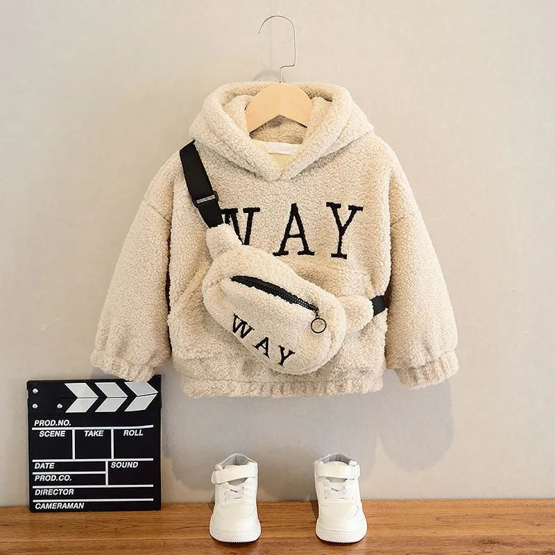 Children's beige fleece jacket with hood featuring cartoon print and long sleeves