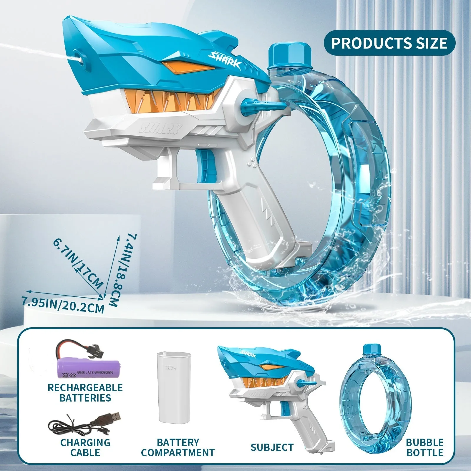 Blue shark electric water gun toy with automatic firing system for summer water play
