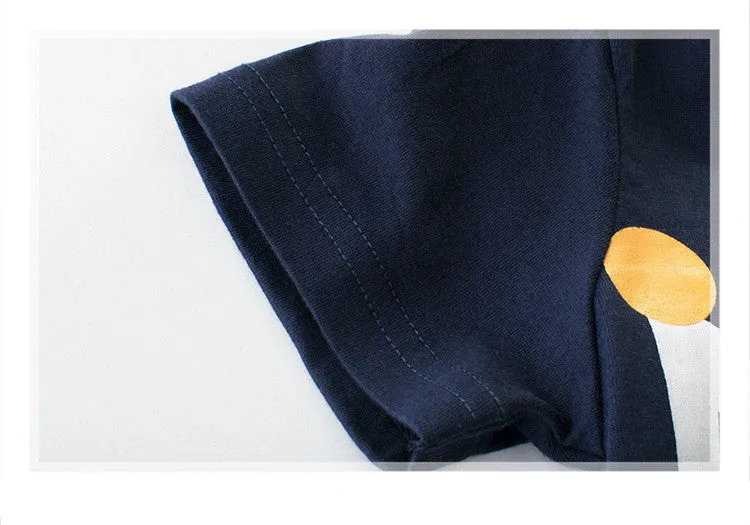Boys' royal blue short sleeve cotton T-shirt on a hanger with a size chart visible.