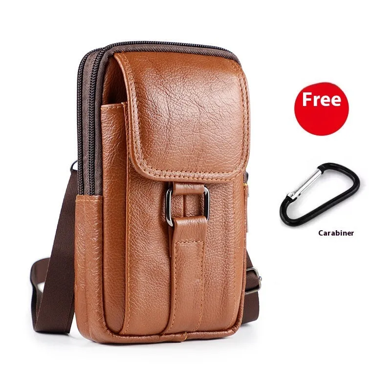 Men's black genuine leather square crossbody waist bag with a lock and coin pocket.