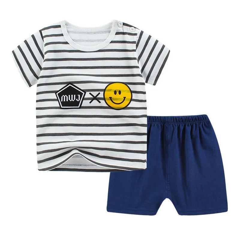 Children's blue cotton short sleeve outfit set with elephant cartoon print for summer.