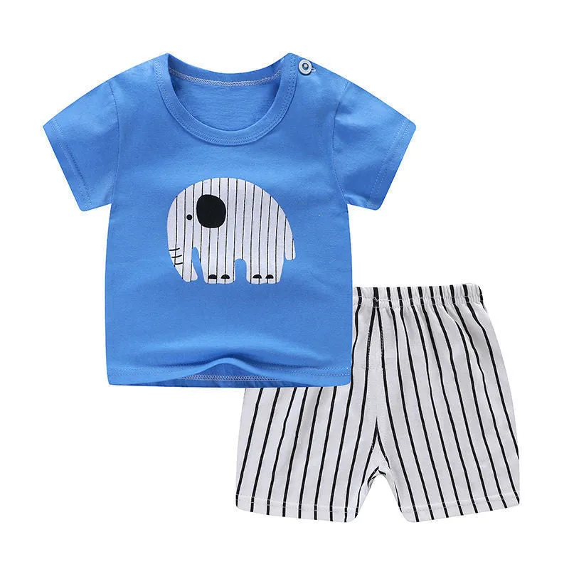 Children's blue cotton short sleeve outfit set with elephant cartoon print for summer.