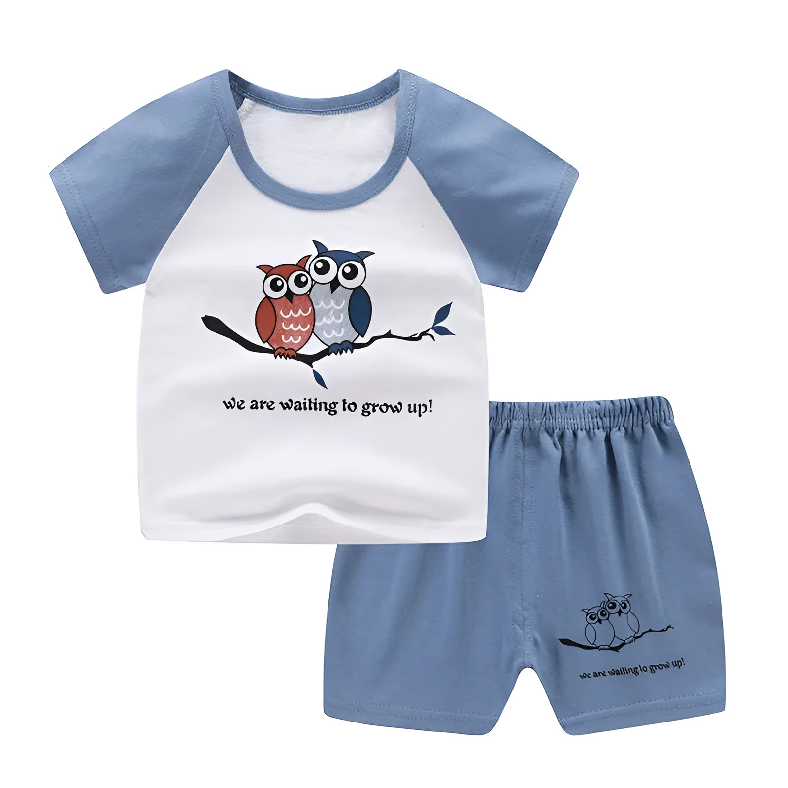 Children's blue cotton short sleeve outfit set with elephant cartoon print for summer.