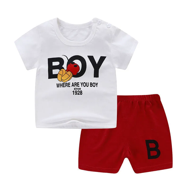 Children's blue cotton short sleeve outfit set with elephant cartoon print for summer.