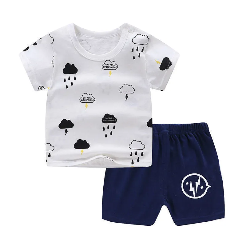 Children's blue cotton short sleeve outfit set with elephant cartoon print for summer.