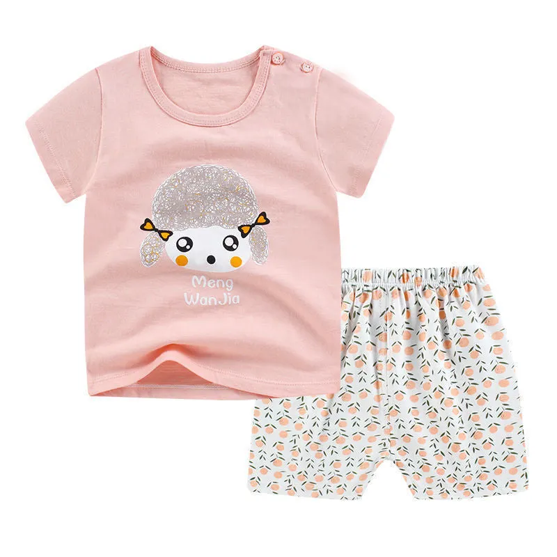 Children's blue cotton short sleeve outfit set with elephant cartoon print for summer.