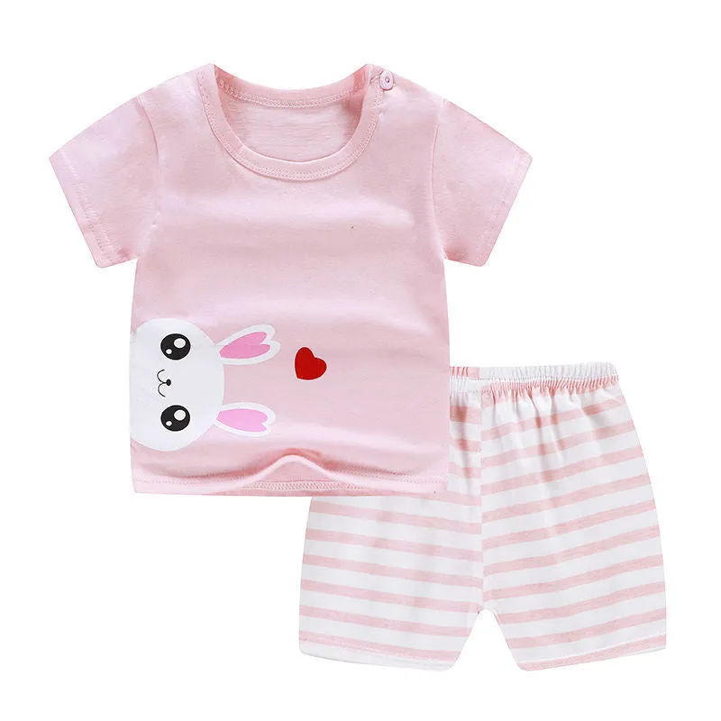 Children's blue cotton short sleeve outfit set with elephant cartoon print for summer.