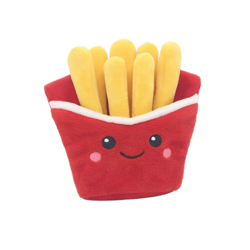 Plush dog toys shaped like hamburger, french fries and milkshake cup on white background