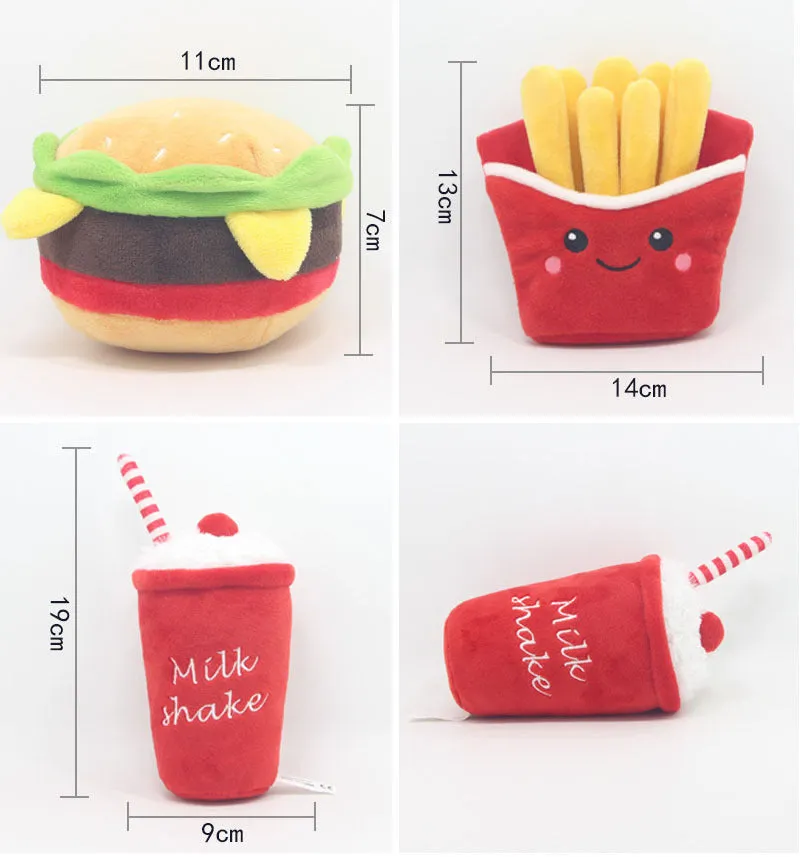 Plush dog toys shaped like hamburger, french fries and milkshake cup on white background