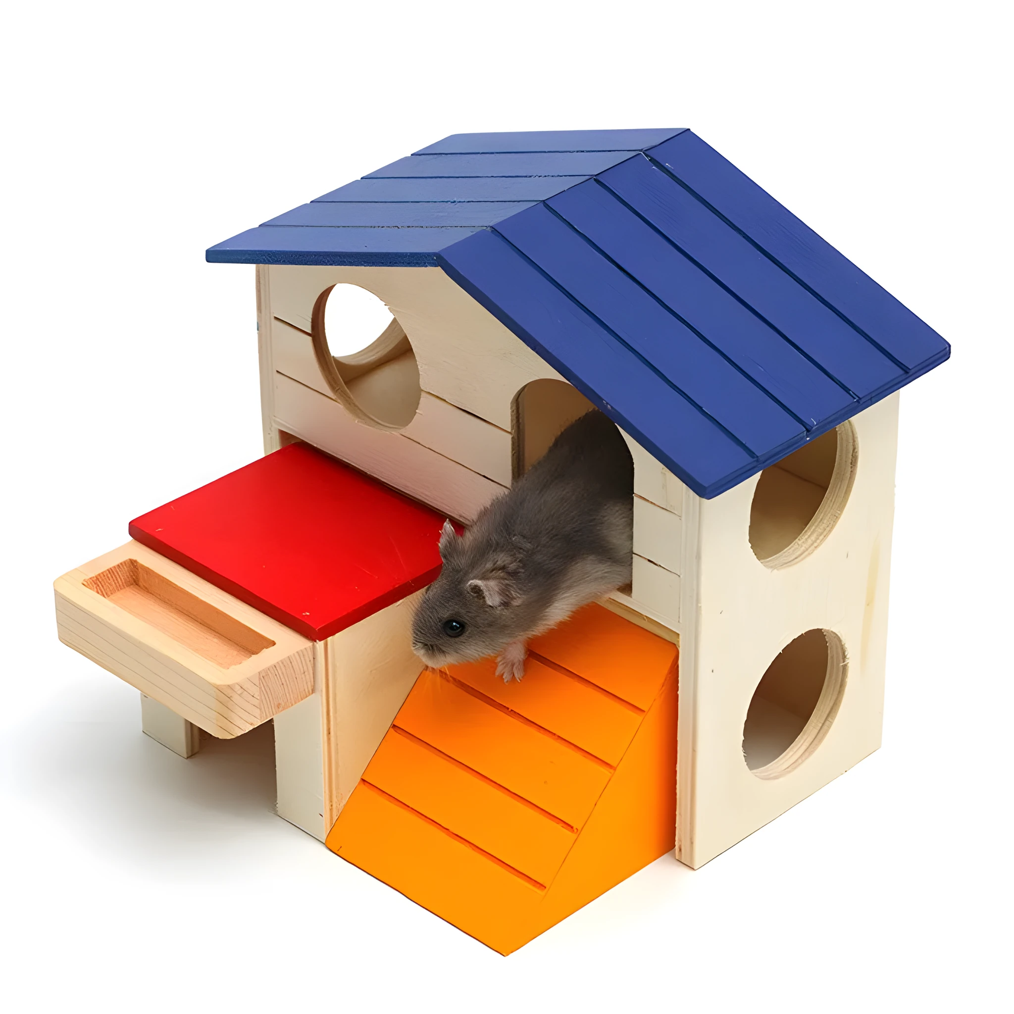 Wooden hamster chalet with blue removable roof, measuring 17x17x15cm