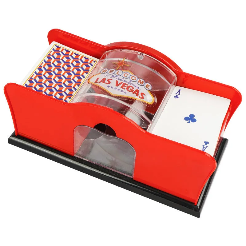 Black and red manual hand crank card shuffler machine for poker games on a table.