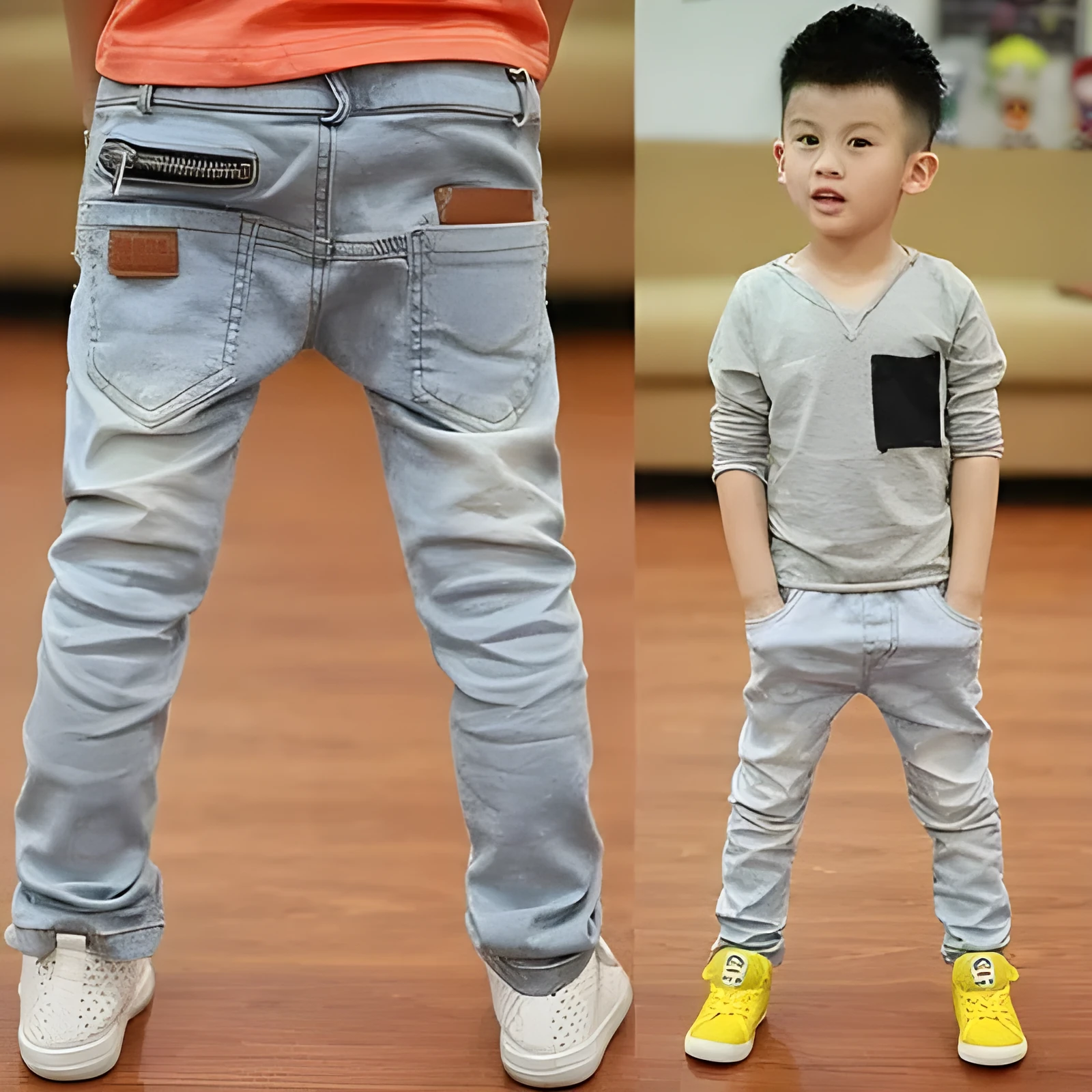 Boys harem pants in denim with stripe pattern and rubber band waist for spring and autumn casual wear