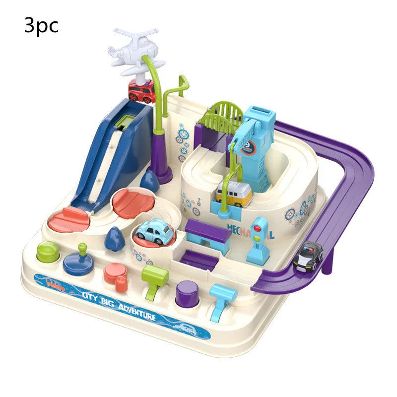 Adventure parking lot plastic toy car track set with manual remote control handle