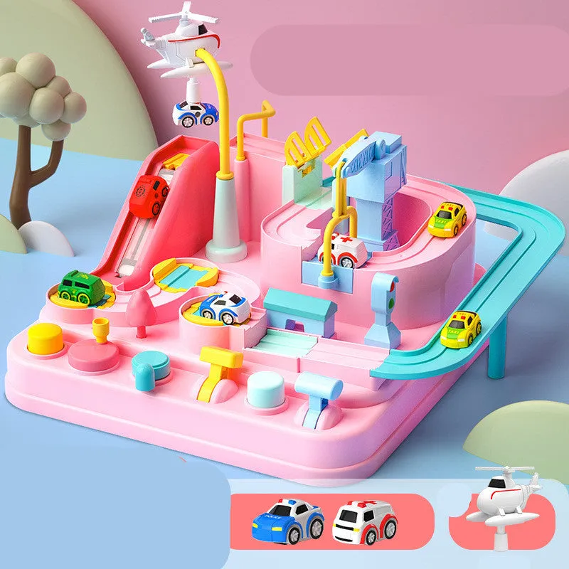 Adventure parking lot plastic toy car track set with manual remote control handle