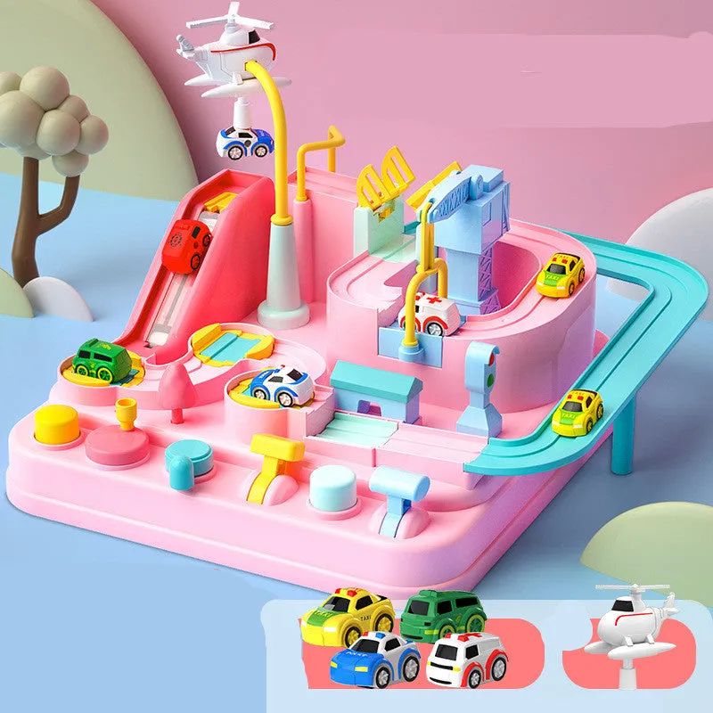 Adventure parking lot plastic toy car track set with manual remote control handle