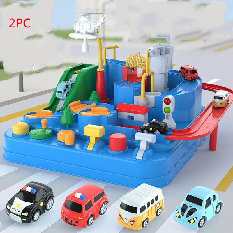 Adventure parking lot plastic toy car track set with manual remote control handle
