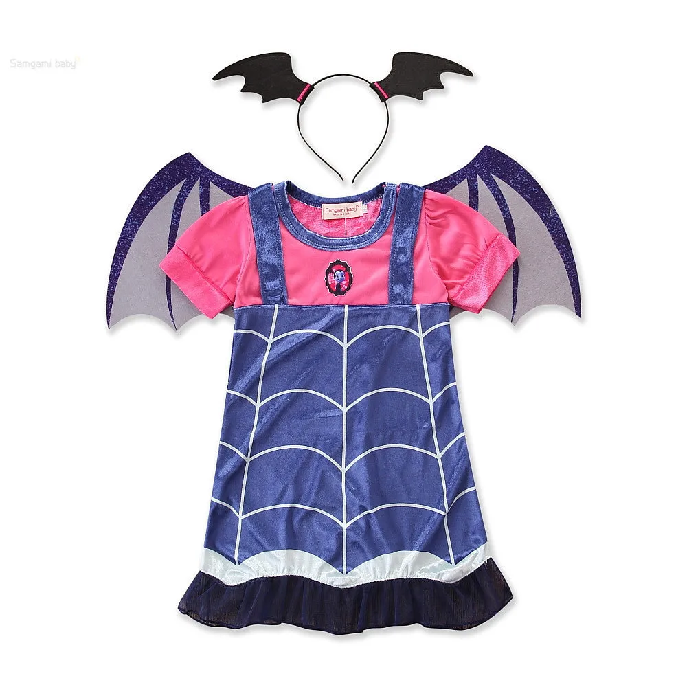 Blue cotton Halloween princess dress for baby girls aged 1-3 years with short sleeves