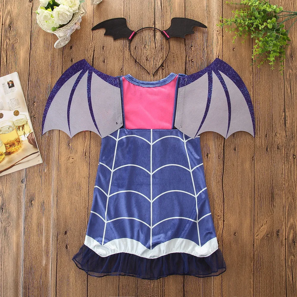 Blue cotton Halloween princess dress for baby girls aged 1-3 years with short sleeves
