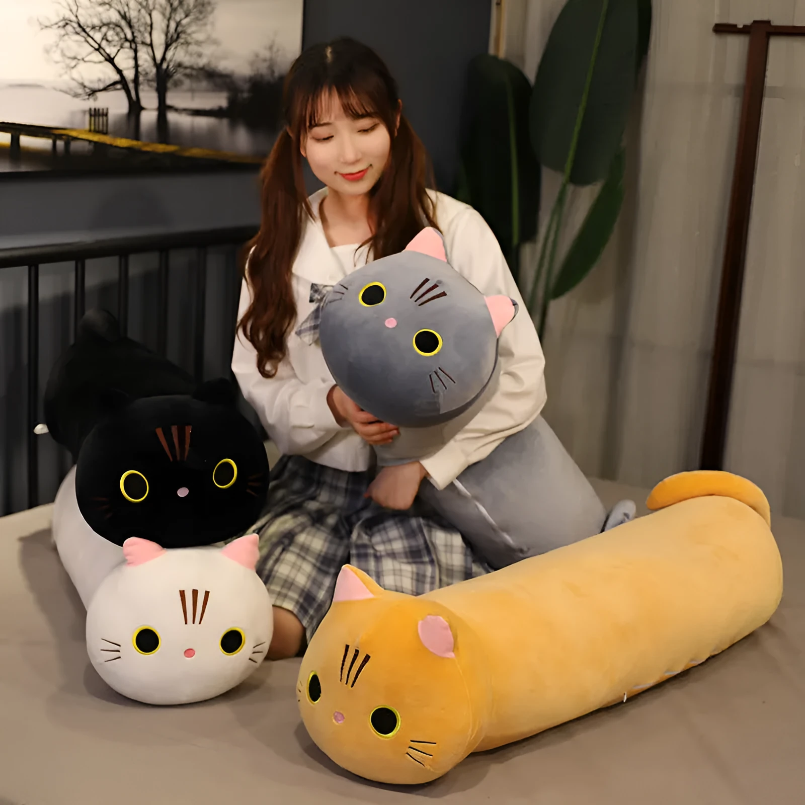 Large cartoon cat plush toy stuffed with PP cotton available in multiple sizes and colours