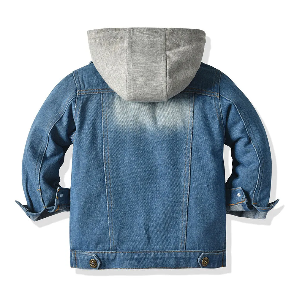 Children's grey hooded denim-style cotton top with lapel collar and single-breasted closure
