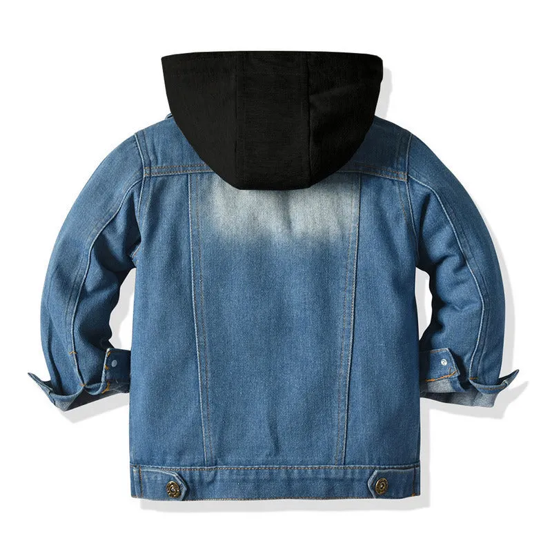 Children's grey hooded denim-style cotton top with lapel collar and single-breasted closure