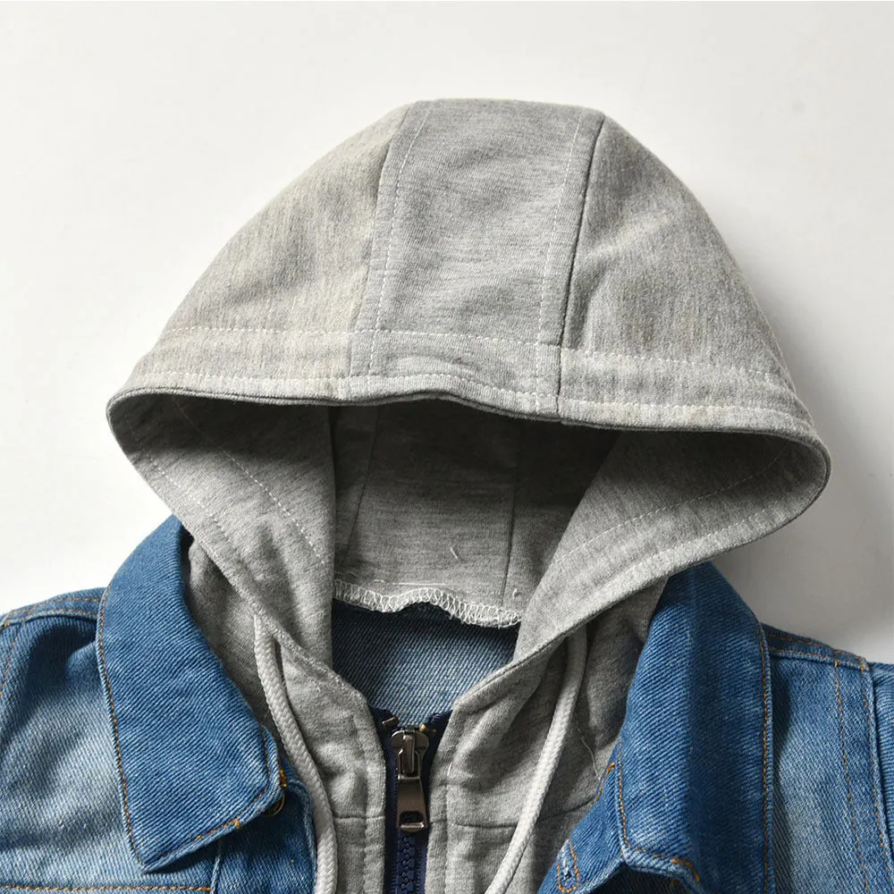 Children's grey hooded denim-style cotton top with lapel collar and single-breasted closure