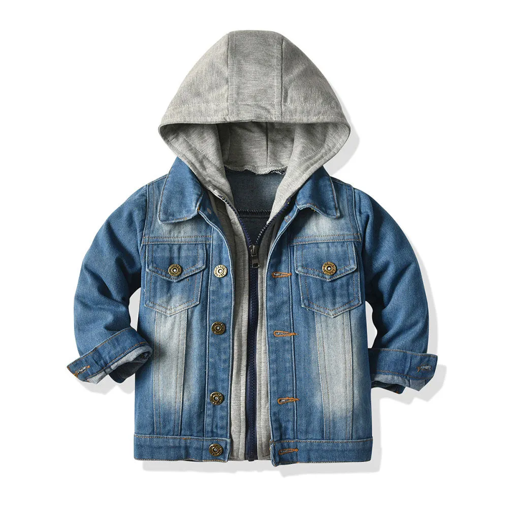 Children's grey hooded denim-style cotton top with lapel collar and single-breasted closure