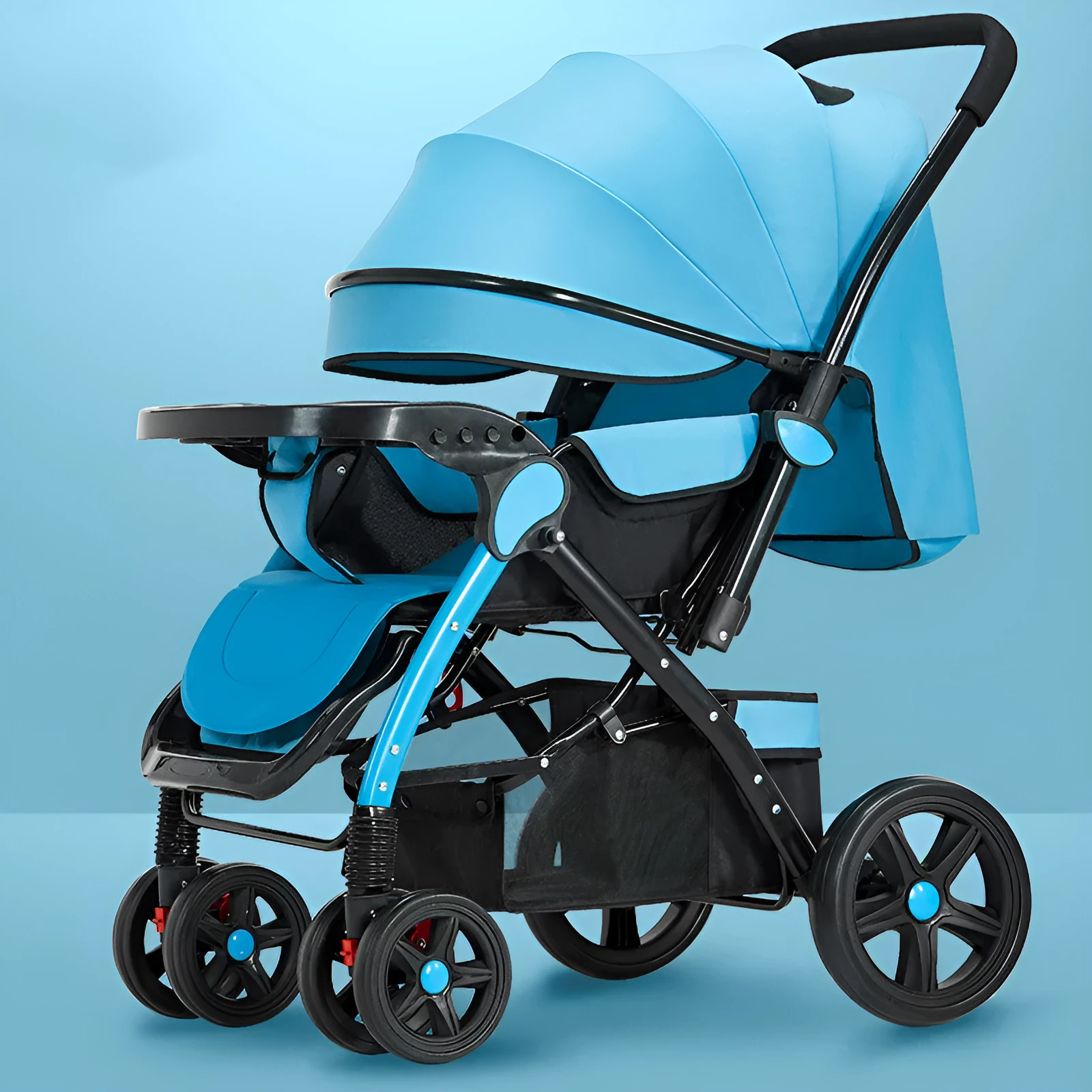 Lightweight folding reversible baby stroller with four-wheel shock absorption in multiple colour options