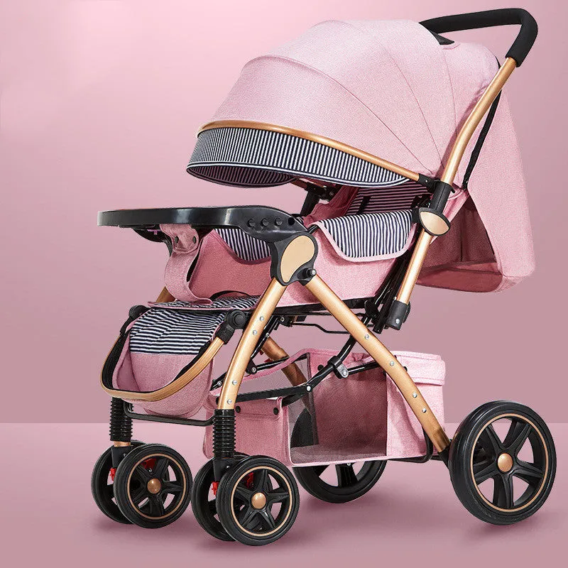 Lightweight folding reversible baby stroller with four-wheel shock absorption in multiple colour options