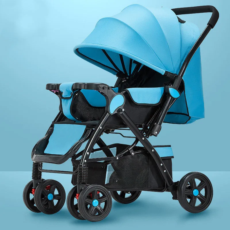 Lightweight folding reversible baby stroller with four-wheel shock absorption in multiple colour options